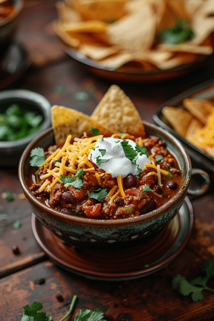 bowl of homemade chili with toppings cheese sour cream and tortilla chips