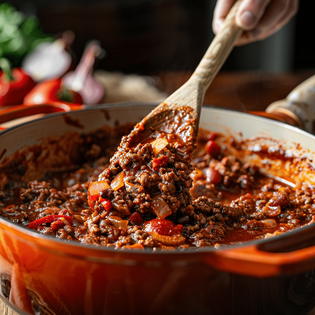 cooking homemade chili in pot with ground beef beans and tomato sauce
