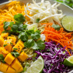 mango slaw with cabbage carrots and lime dressing in bowl