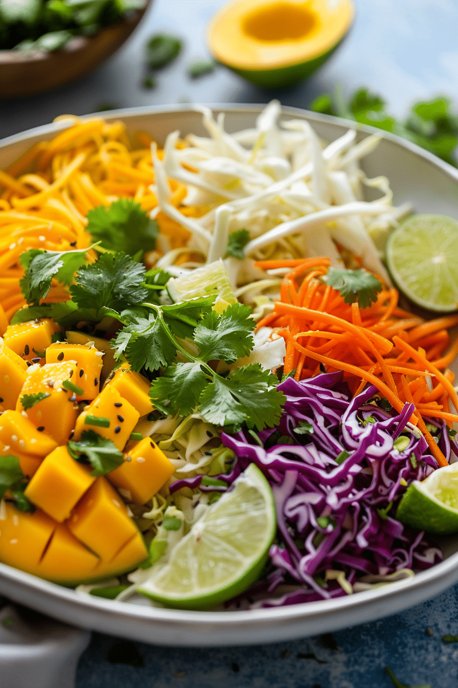 mango slaw with cabbage carrots and lime dressing in bowl