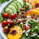 fresh peach salad with peaches greens feta pecans and honey lemon vinaigrette
