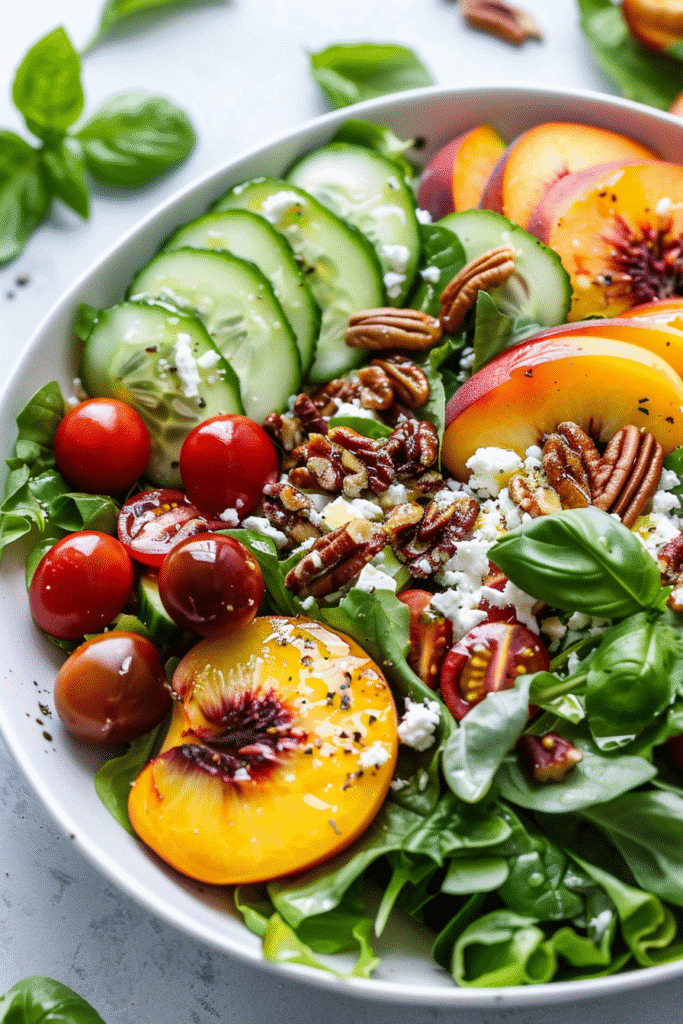fresh peach salad with peaches greens feta pecans and honey lemon vinaigrette