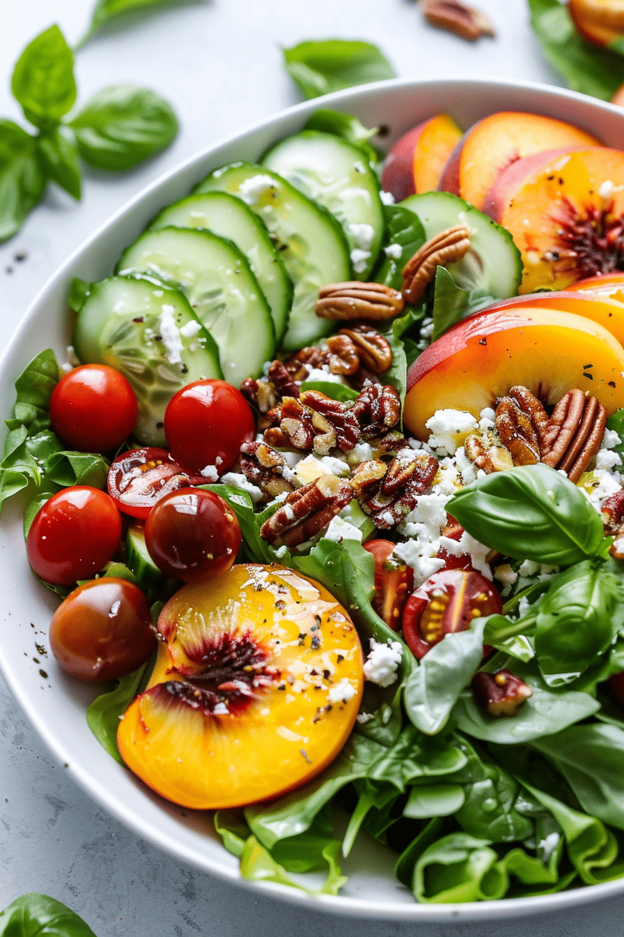 fresh peach salad with peaches greens feta pecans and honey lemon vinaigrette