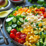 fresh summer salad with avocado corn tomatoes and feta cheese in bowl