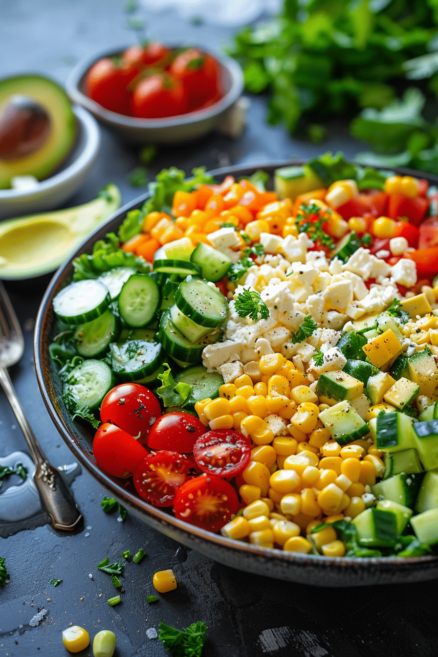 fresh summer salad with avocado corn tomatoes and feta cheese in bowl