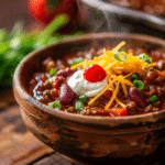 homemade chili with ground beef beans cheese sour cream and green onions