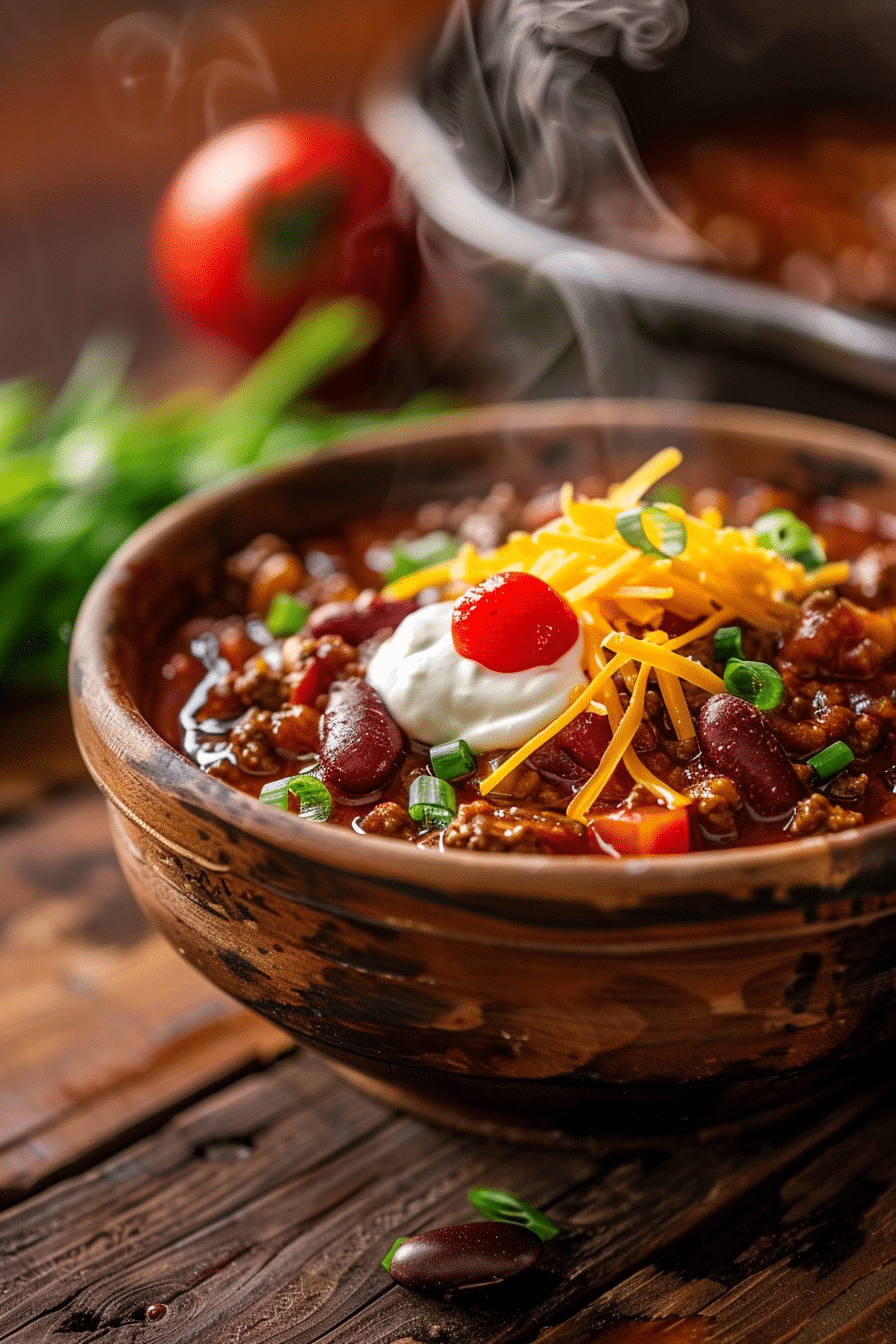 homemade chili with ground beef beans cheese sour cream and green onions