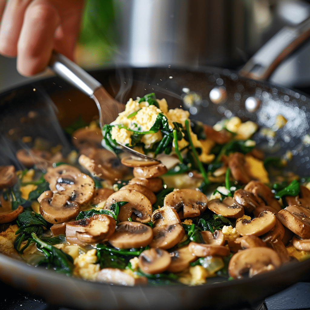 cooking scrambled eggs with mushrooms and spinach step by step