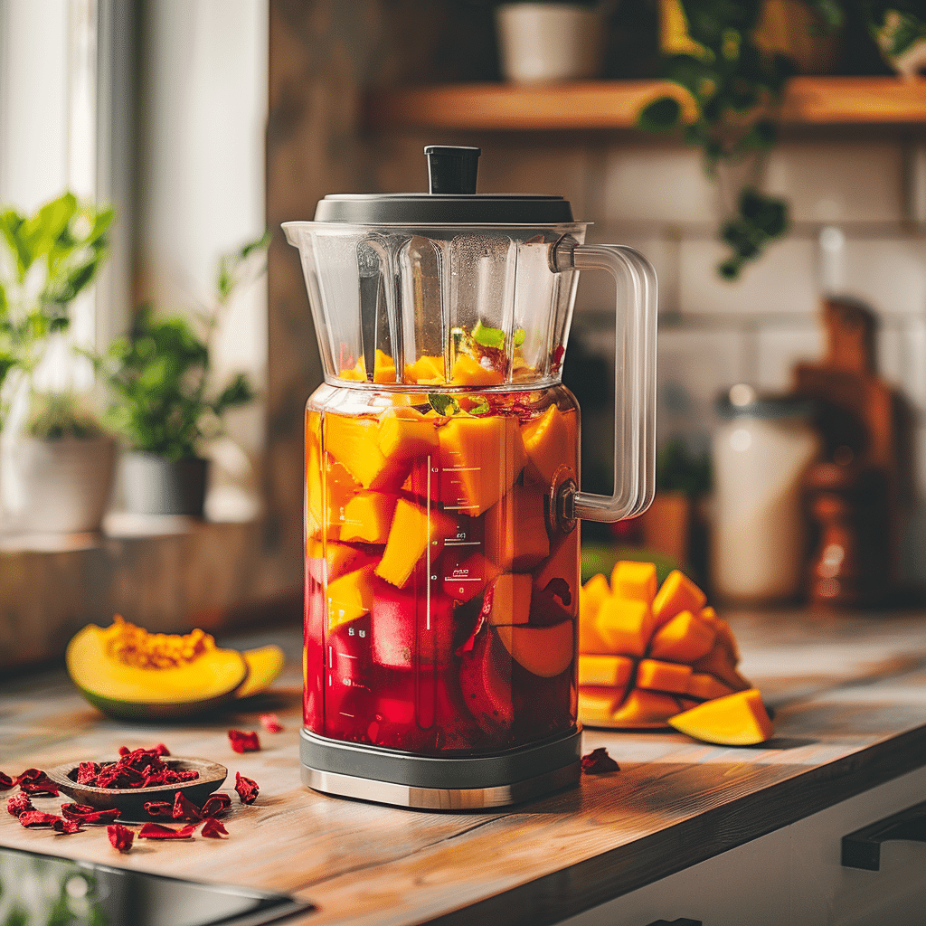 blending mango and hibiscus tea in blender step by step iced tea recipe