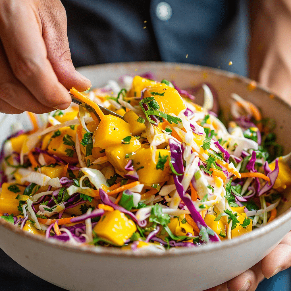 mixing mango slaw with cabbage carrots and lime dressing step by step