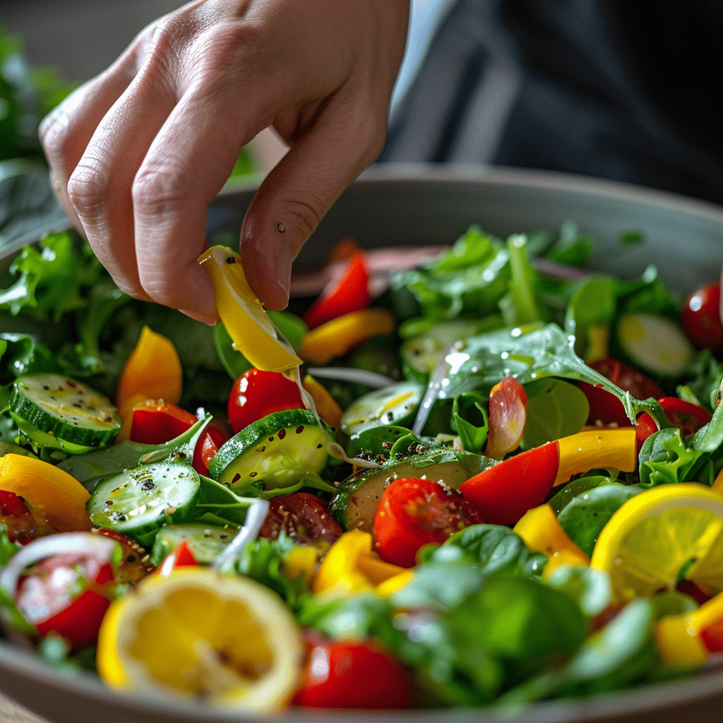 mixing fresh summer salad with vegetables and dressing step by step