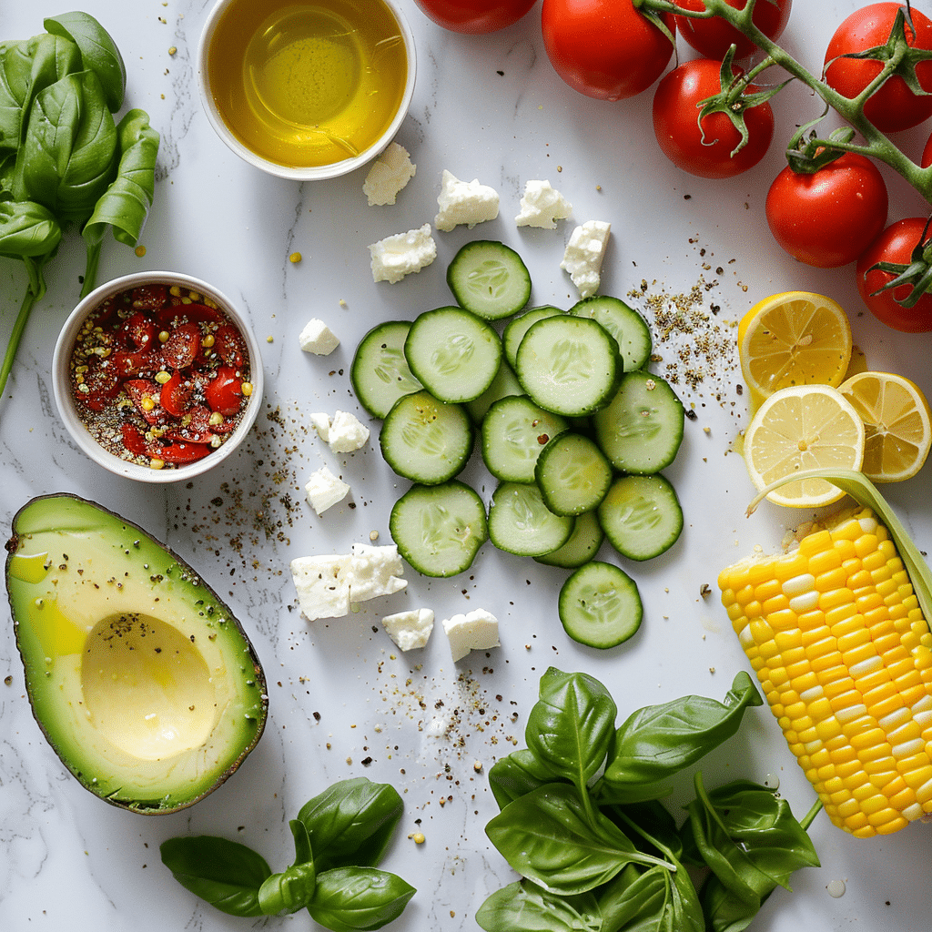 lettuce tomatoes avocado corn cucumber feta ingredients for summer salad