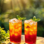 mango hibiscus iced tea in glass with ice mint and mango slices refreshing summer drink