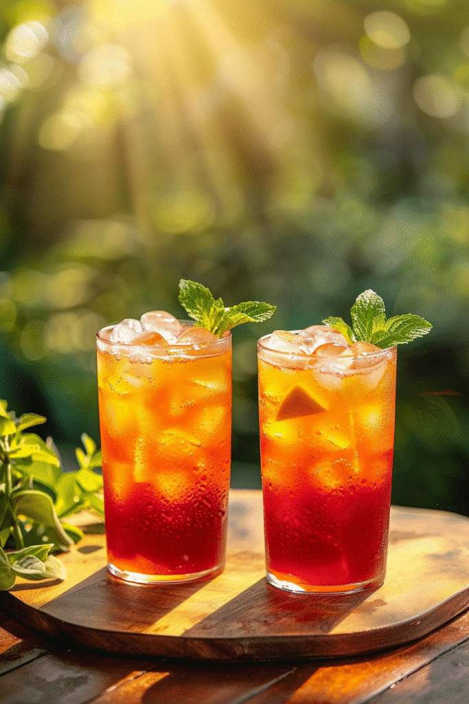 mango hibiscus iced tea in glass with ice mint and mango slices refreshing summer drink