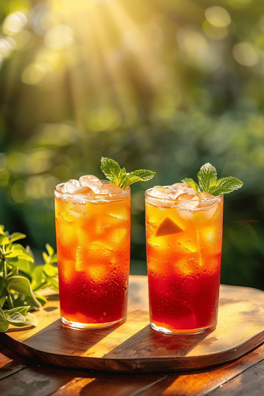 mango hibiscus iced tea in glass with ice mint and mango slices refreshing summer drink