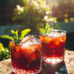 mango hibiscus iced tea served with ice mint and mango slices in glass