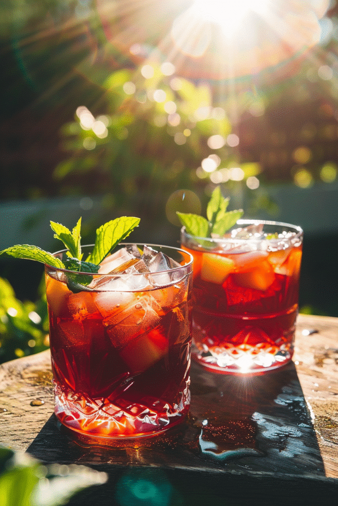 mango hibiscus iced tea served with ice mint and mango slices in glass