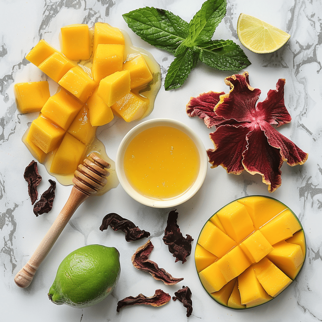 fresh mango hibiscus flowers lime honey and mint ingredients for iced tea