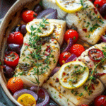 mediterranean baked fish with tomatoes olives lemon garlic and herbs