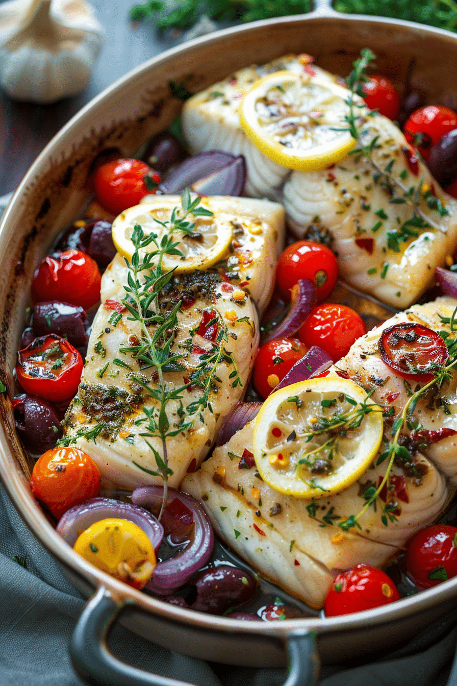 mediterranean baked fish with tomatoes olives lemon garlic and herbs