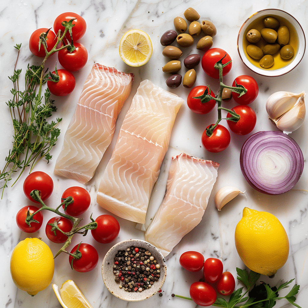 ingredients for mediterranean baked fish including white fish tomatoes olives lemon garlic