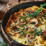 fluffy scrambled eggs with mushrooms spinach and melted cheese in skillet