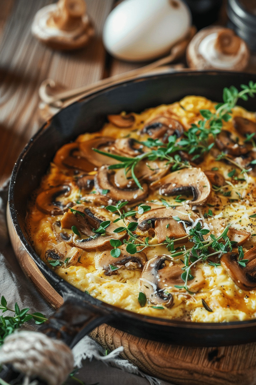 fluffy scrambled eggs with mushrooms spinach and melted cheese in skillet