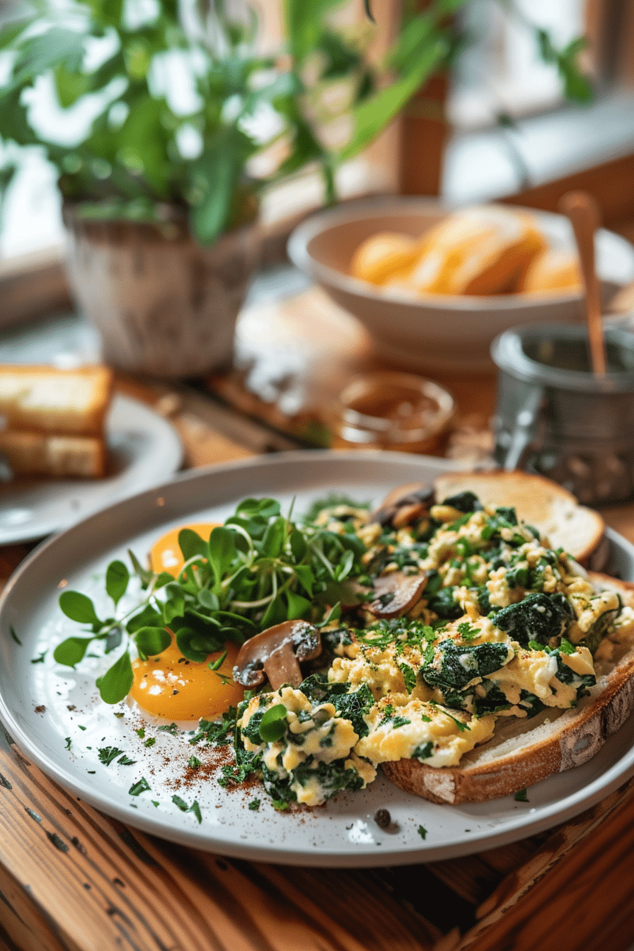 scrambled eggs with mushrooms spinach served with toast on plate