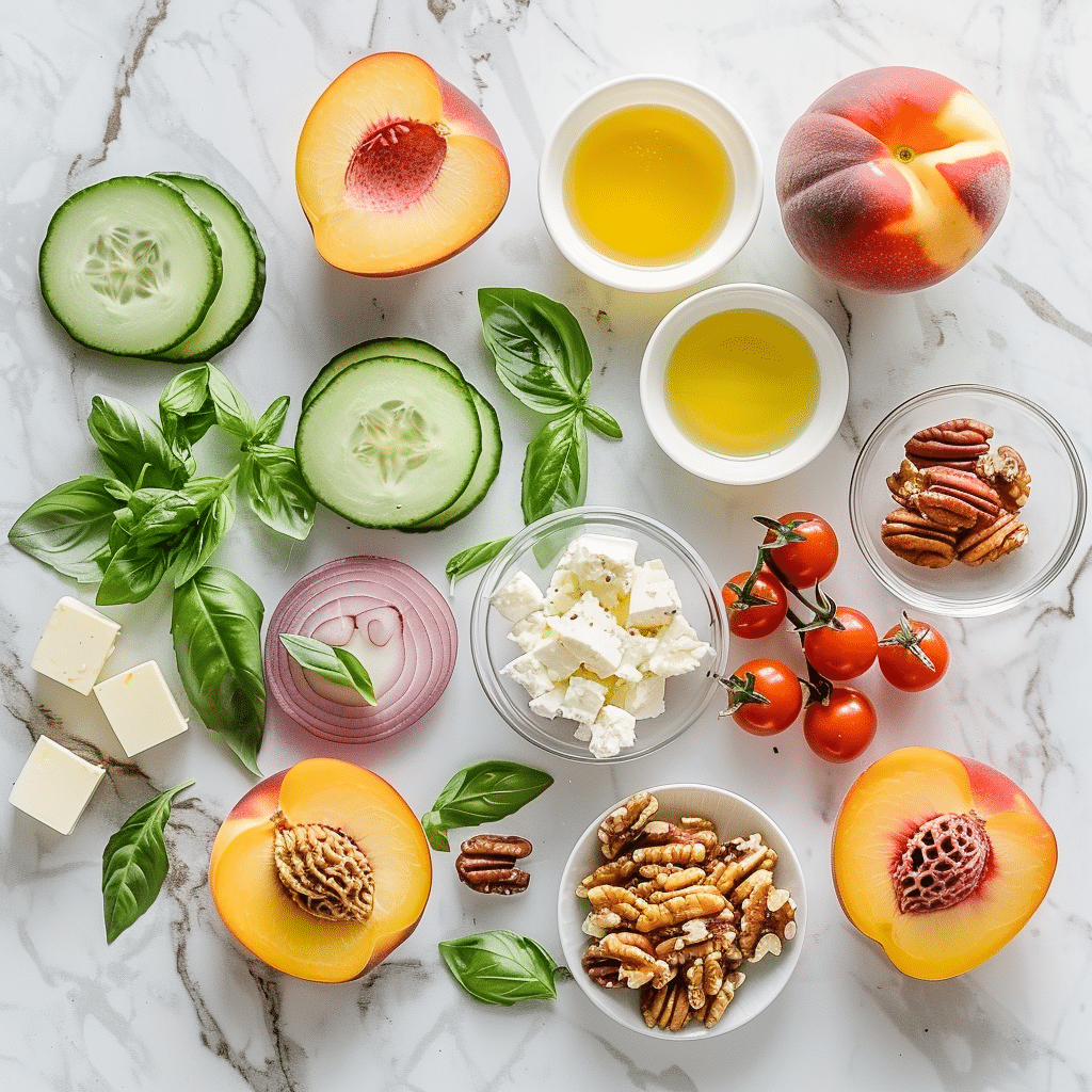 peach salad ingredients with peaches greens feta nuts lemon honey and olive oil