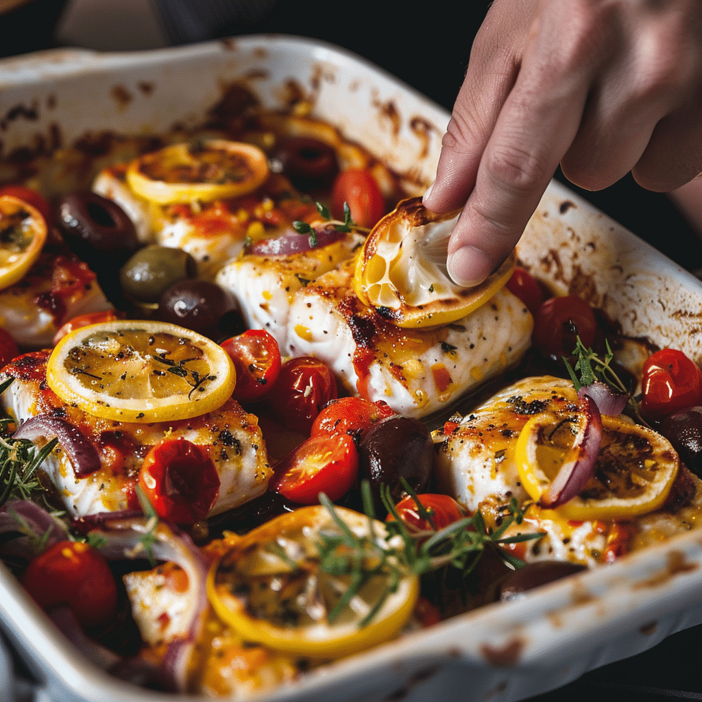 assembling mediterranean baked fish with vegetables and lemon in baking dish