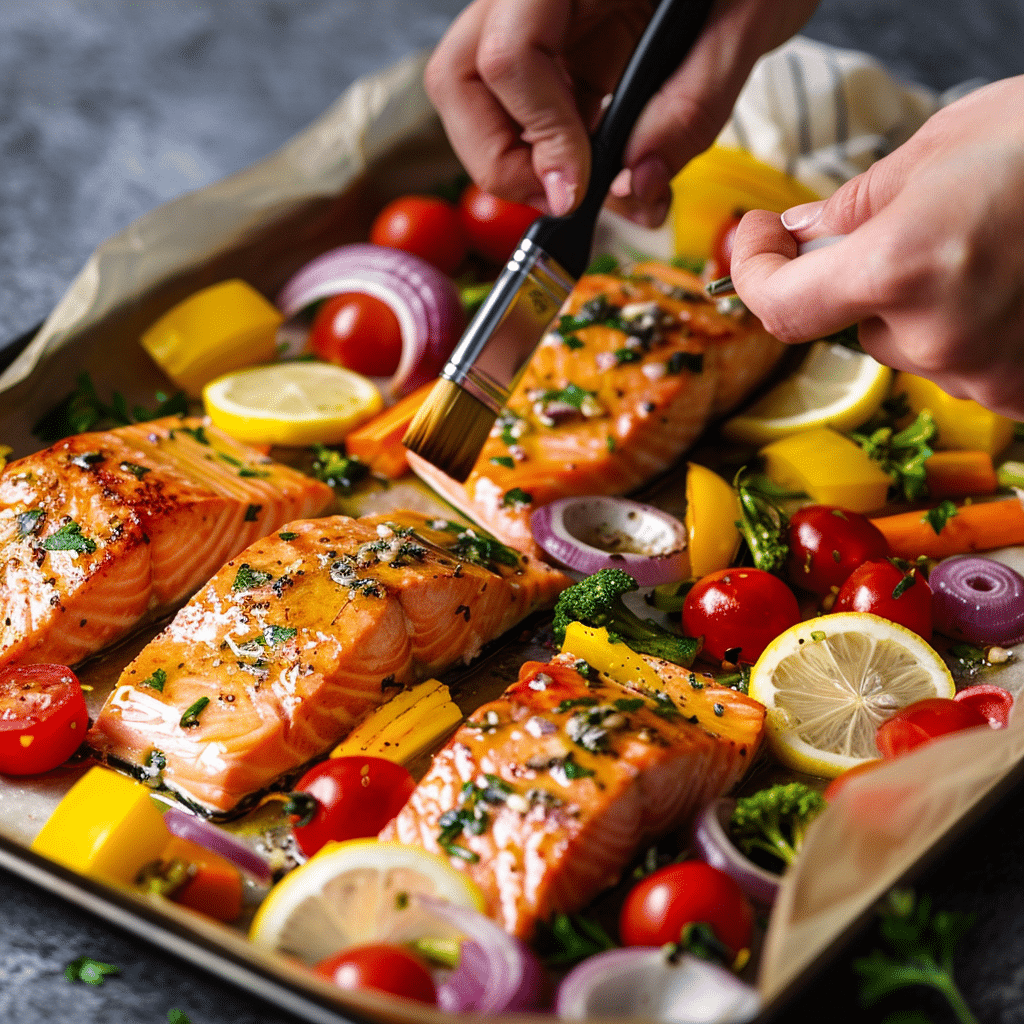 brushing lemon garlic marinade on salmon fillets with vegetables on sheet pan