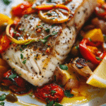 served mediterranean baked fish with roasted vegetables and lemon