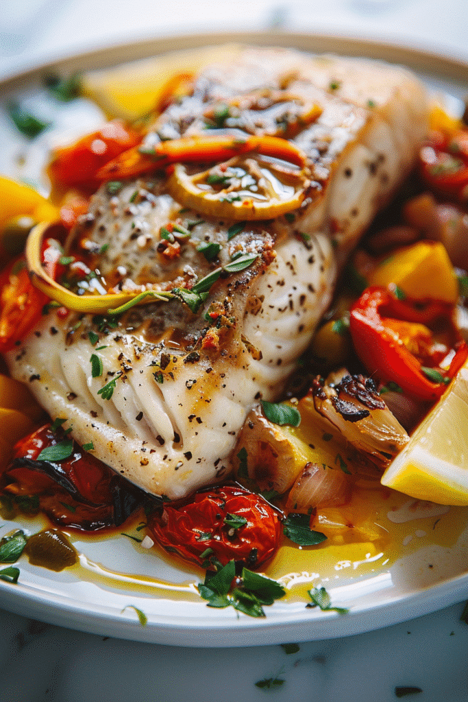 served mediterranean baked fish with roasted vegetables and lemon