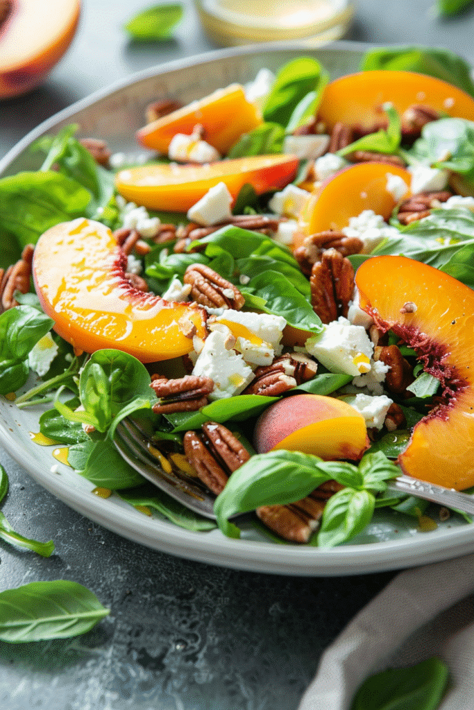 served peach salad with feta pecans basil and honey lemon vinaigrette