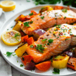 sheet pan salmon with vegetables roasted with broccoli carrots and lemon