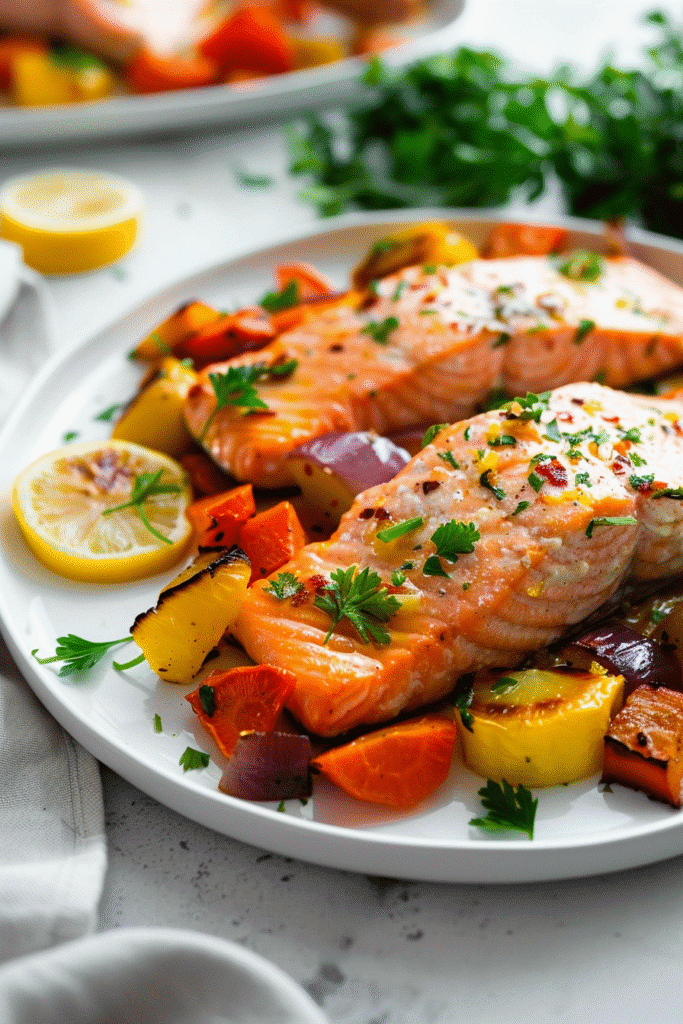 sheet pan salmon with vegetables roasted with broccoli carrots and lemon