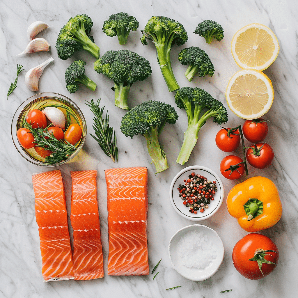 fresh salmon vegetables lemon garlic and olive oil for sheet pan salmon recipe