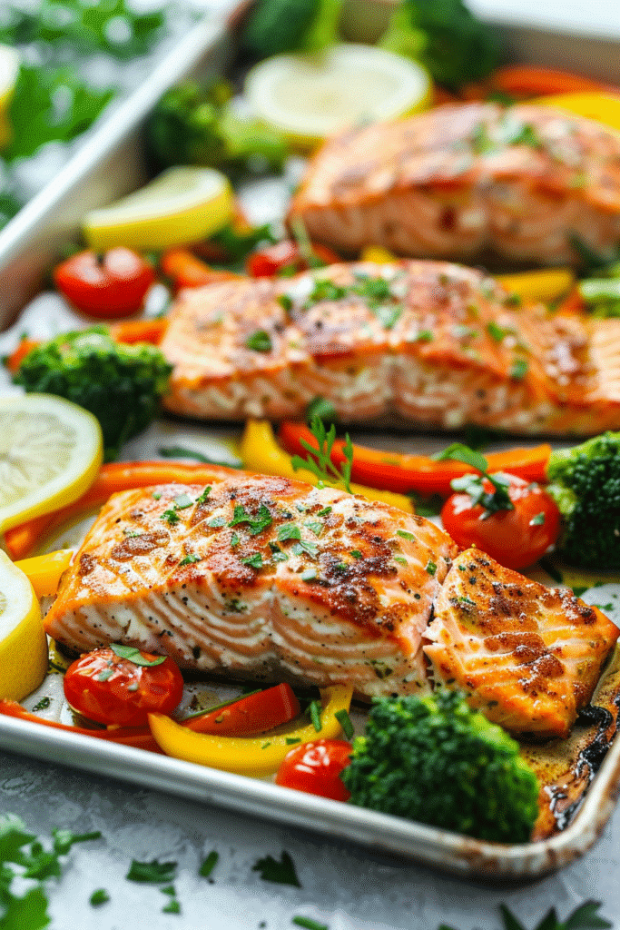 served sheet pan salmon with roasted vegetables and lemon on white plate