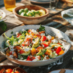 summer salad served in bowl with avocado corn and feta on table