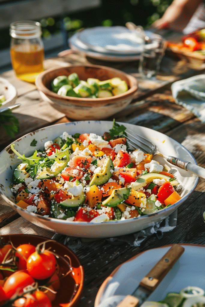 summer salad served in bowl with avocado corn and feta on table