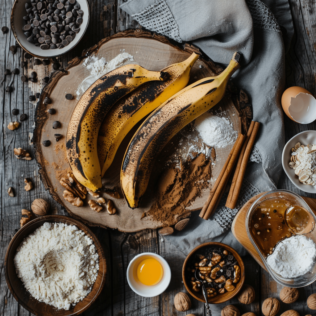 banana bread ingredients with ripe bananas flour eggs butter sugar and walnuts