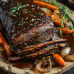 tender sliced beef brisket with rich sauce and roasted vegetables