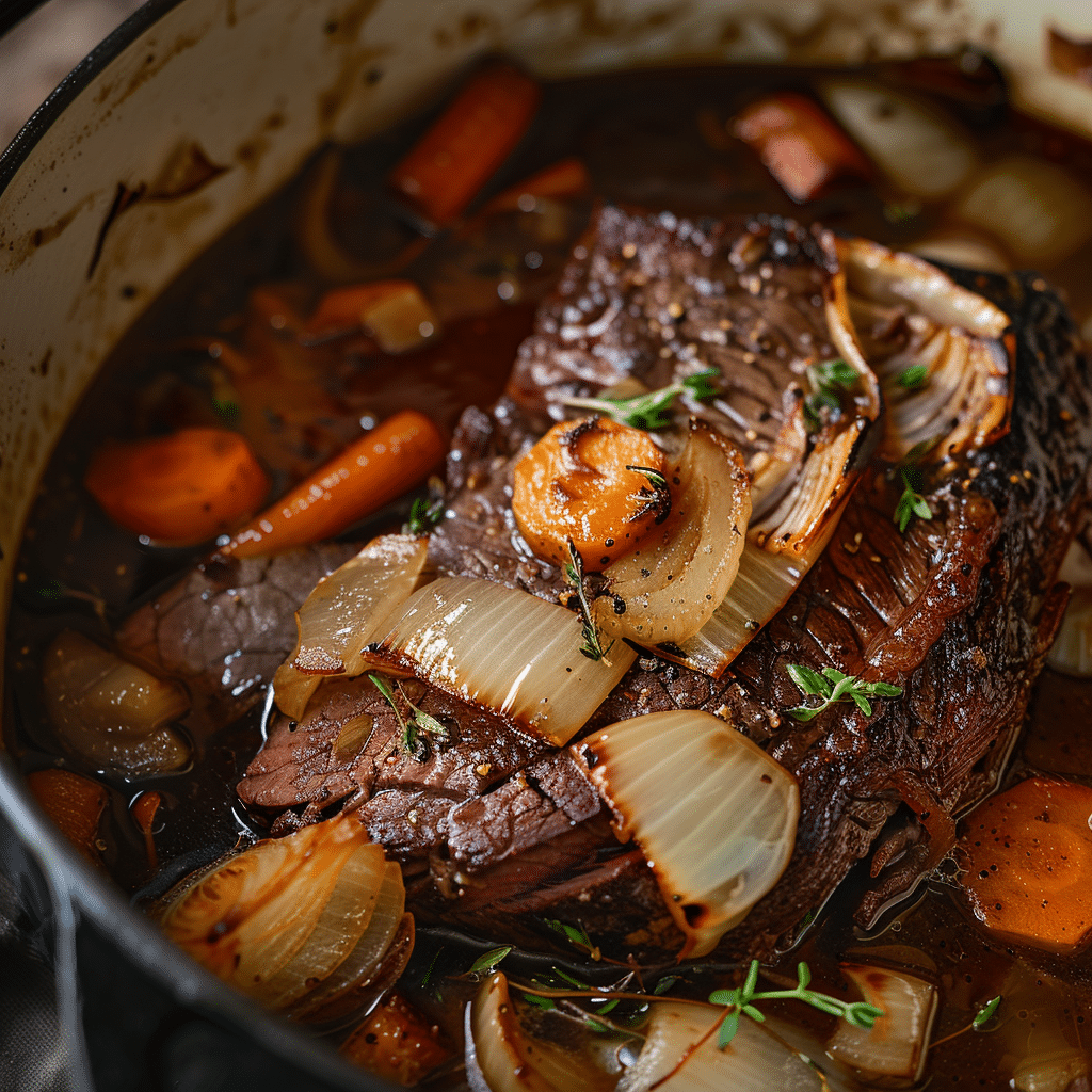Best Beef Brisket Recipe: How to Perfectly Cook a Juicy Brisket Every Time 8 beef brisket searing in Dutch oven with vegetables and braising liquid