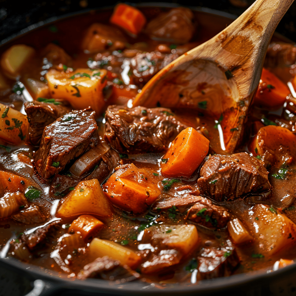 Best Beef Stew Recipe: How to Make Delicious Beef Stew at Home in 5 Easy Steps! 8 beef stew simmering in Dutch oven with vegetables and savory broth
