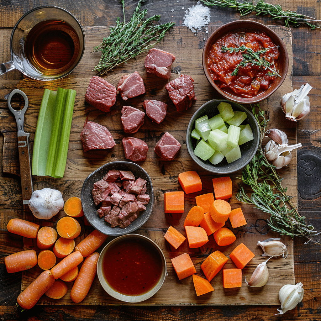 Best Beef Stew Recipe: How to Make Delicious Beef Stew at Home in 5 Easy Steps! 7 ingredients for homemade beef stew including chuck roast carrots potatoes and herbs