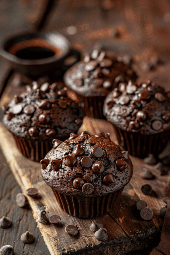moist chocolate muffins with chocolate chips bakery style