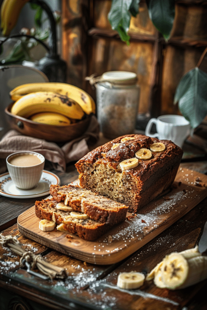 moist banana bread loaf sliced on a wooden board