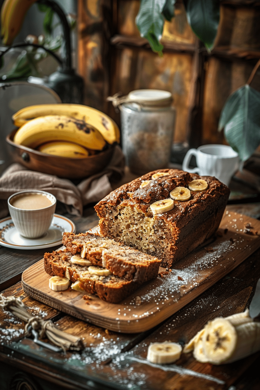 moist banana bread loaf sliced on a wooden board