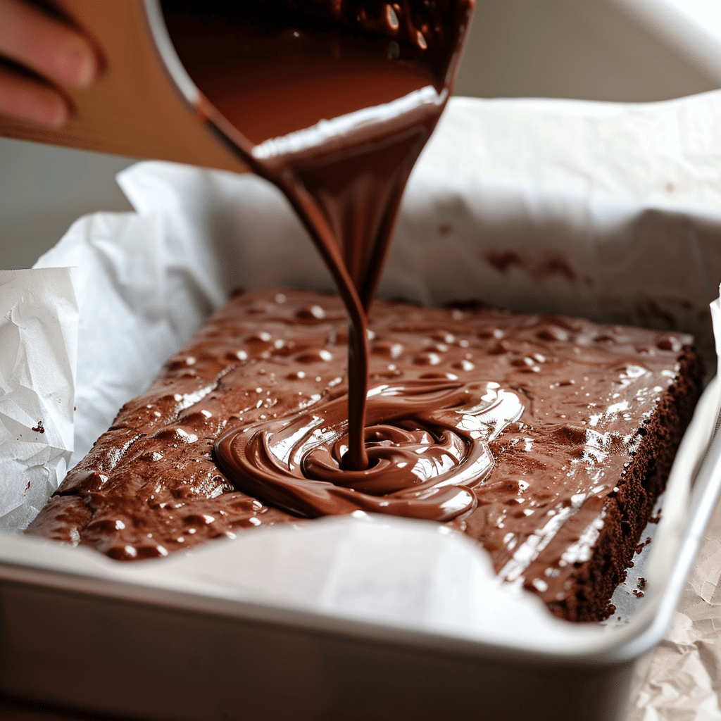 thick glossy brownie batter poured into parchment lined pan