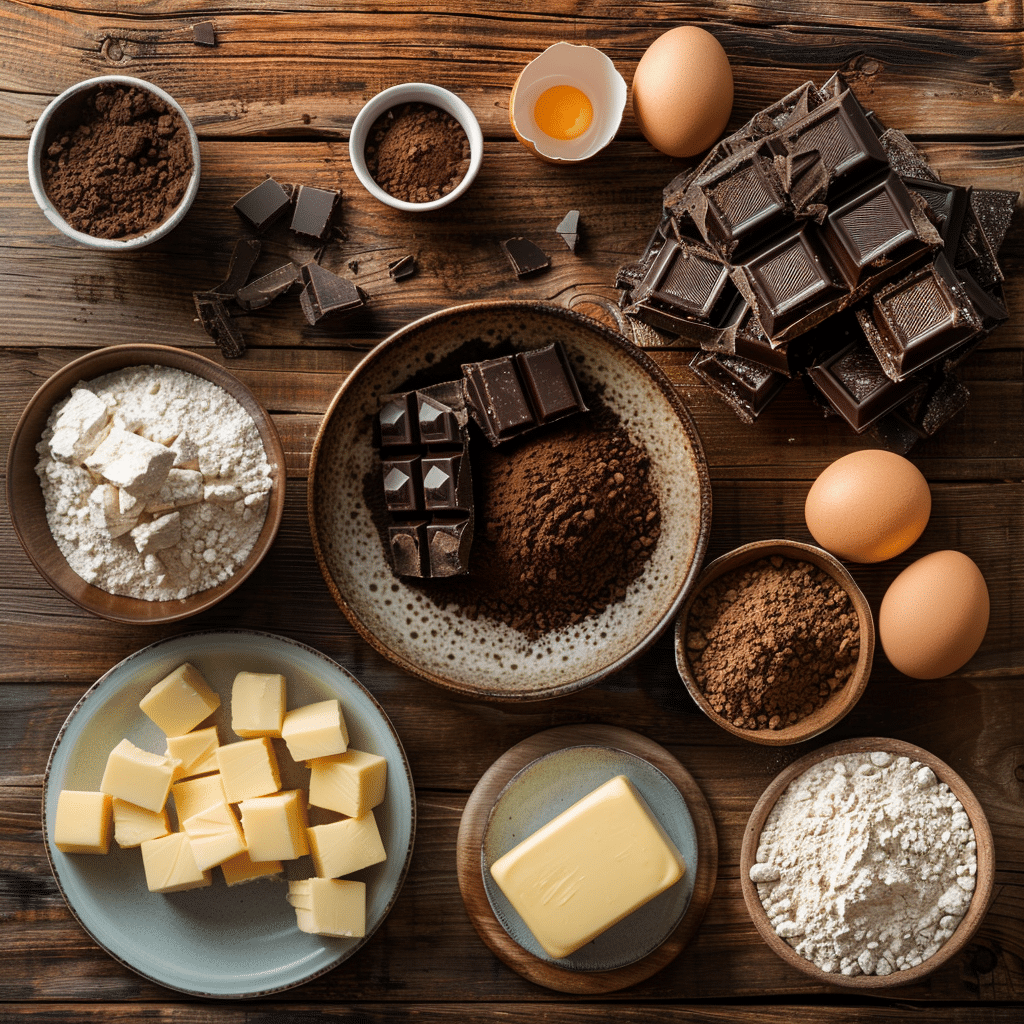 brownie ingredients including cocoa powder chocolate butter eggs and sugar